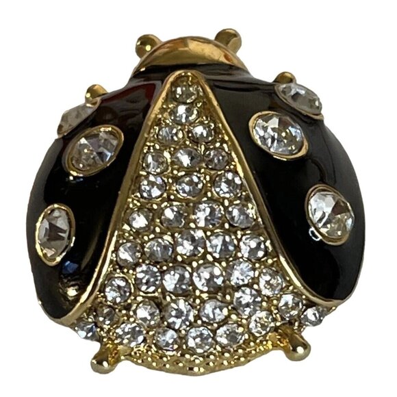 Ann Taylor Ladybug Pin Brooch Gold Tone Black Enamel Clear Rhinestone Vintage - Picture 1 of 8